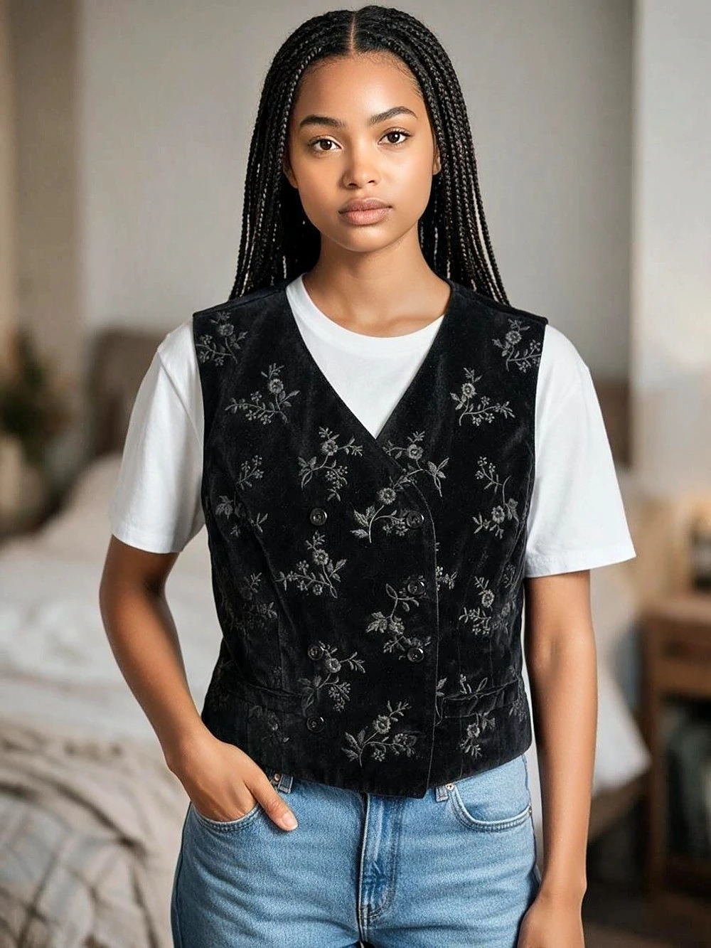 Gap Floral Embroidered Velvet Vest in Black Size Small